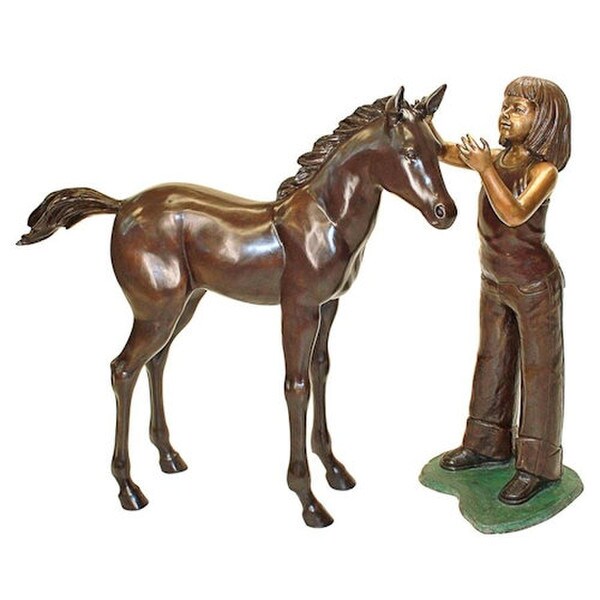 Equestrian Girl and Horse Cast Bronze Garden Statue Set Loving colt